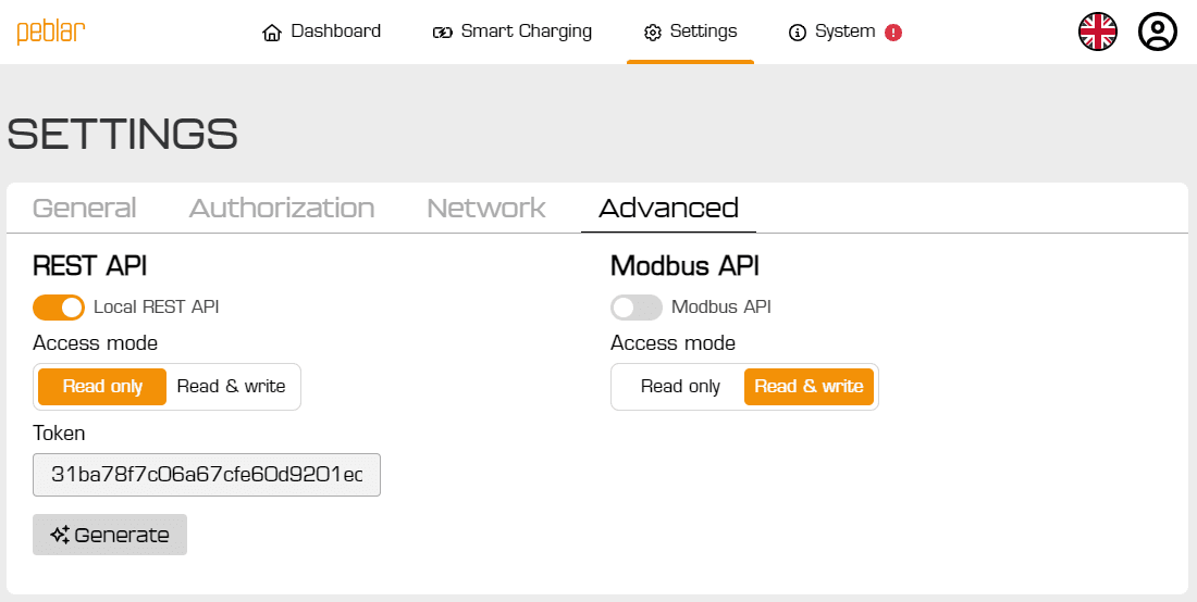 Peblar webinterface met Settings > Advanced en rechts de Modbus API instellingen met Read & write geselecteerd
